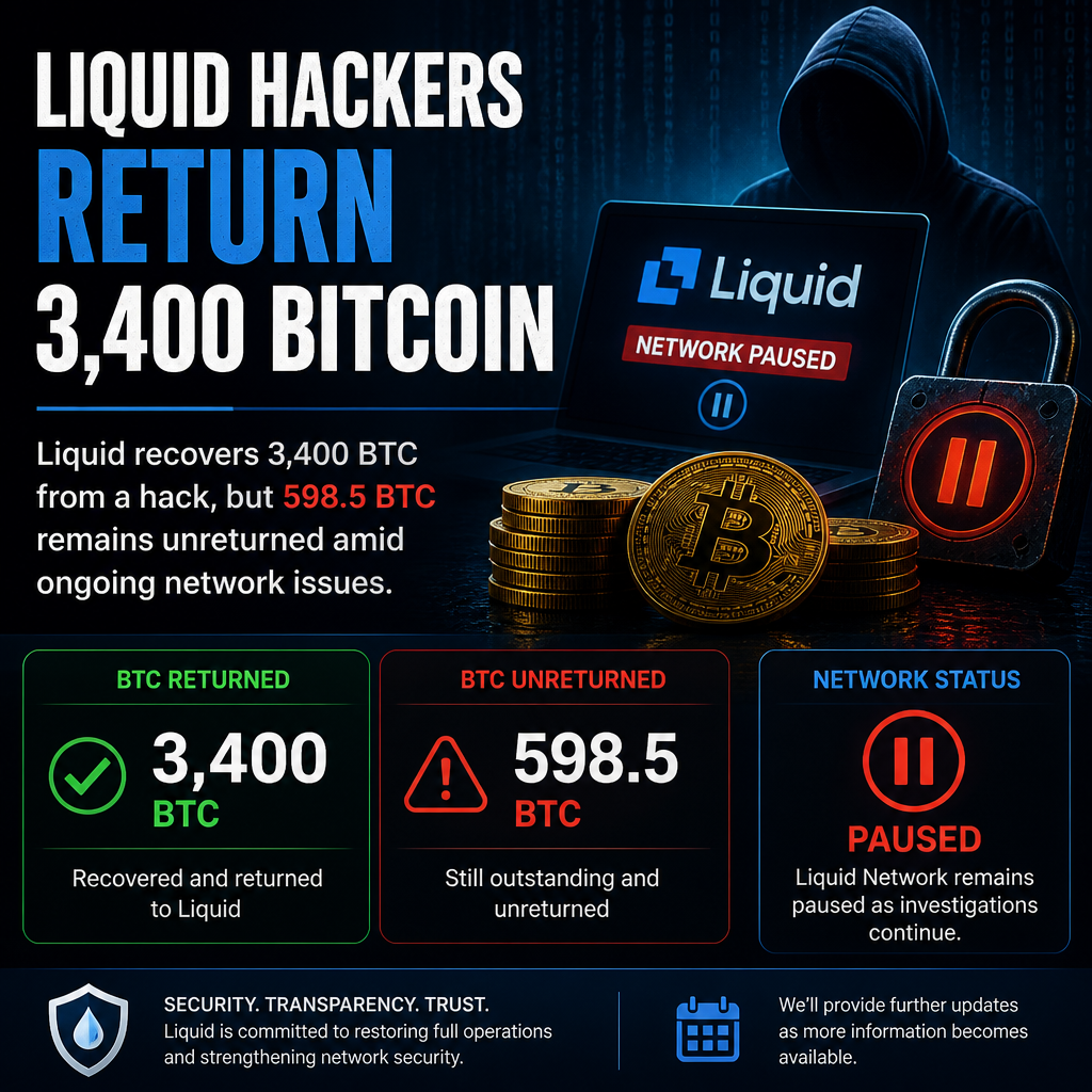 Liquid Hackers Return 3,400 Bitcoin, Network Still Paused