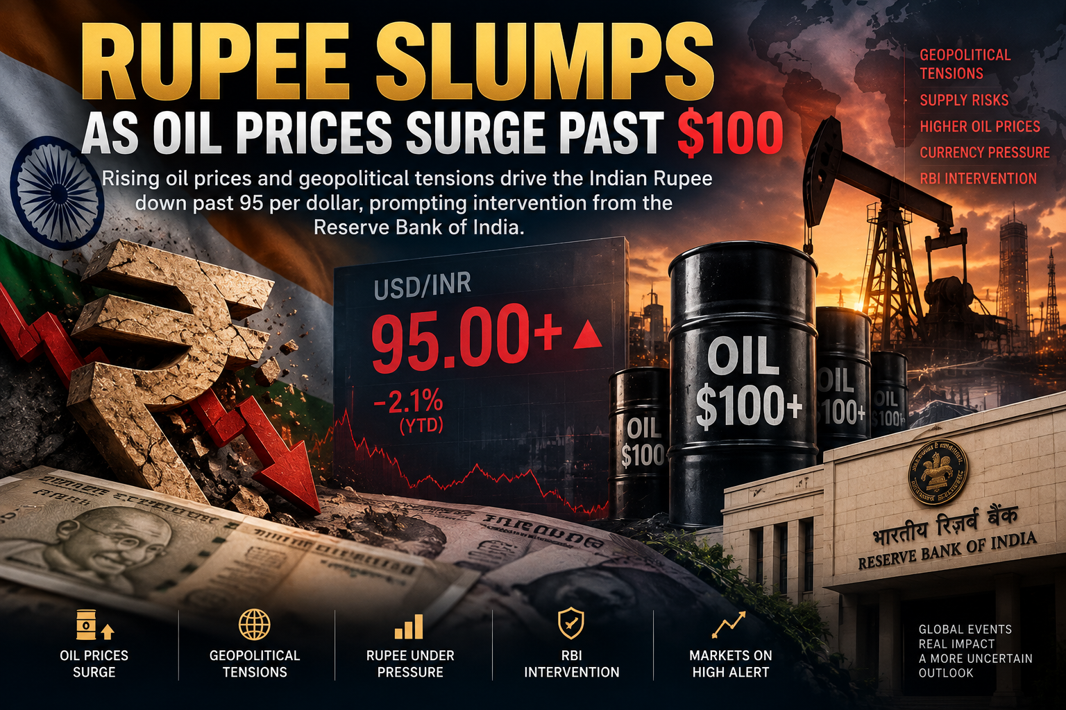Rupee Slumps as Oil Prices Surge Past $100